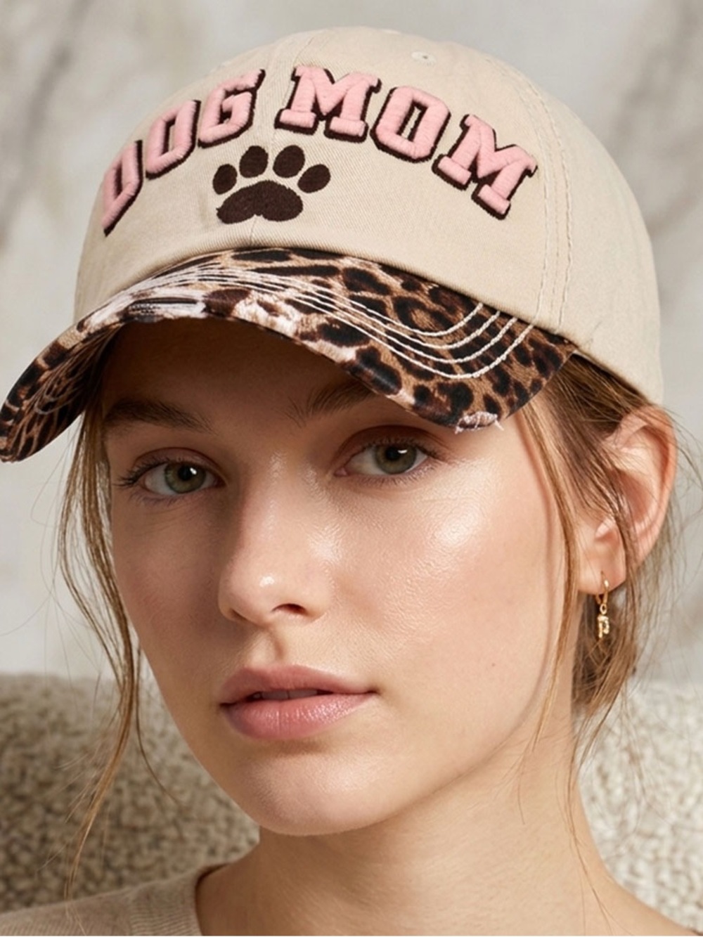 Dog Mom Embroidered Baseball Cap - Beige with Leopard Brim